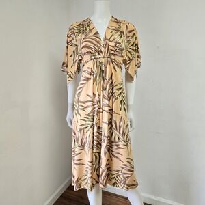 Rachel Pally Caftan Dress Midi Palm Floral Frond Print Belted Flutter Slv Size S
